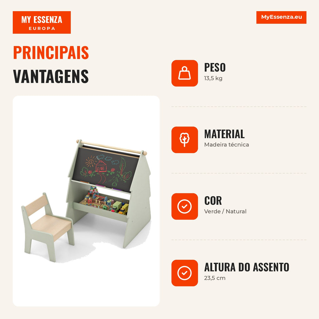 Cavalete de Arte Infantil com Banquinho - Quadro Dupla Face e Suporte Papel Verde — Infografia PT (vantagens)