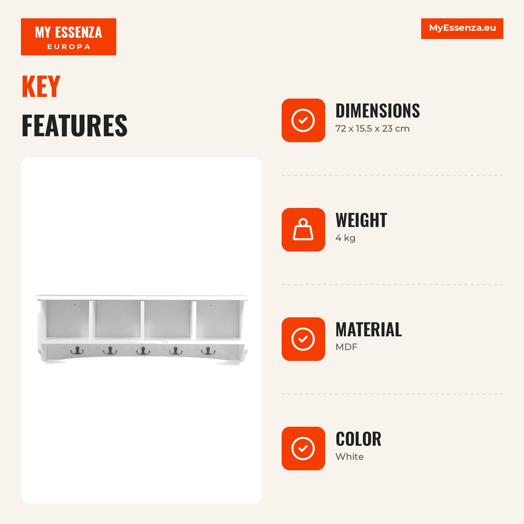 Wall Cabinet with 4 Compartments and 5 Double Hooks 72x15.5x23cm White — Infografia EN (vantagens)