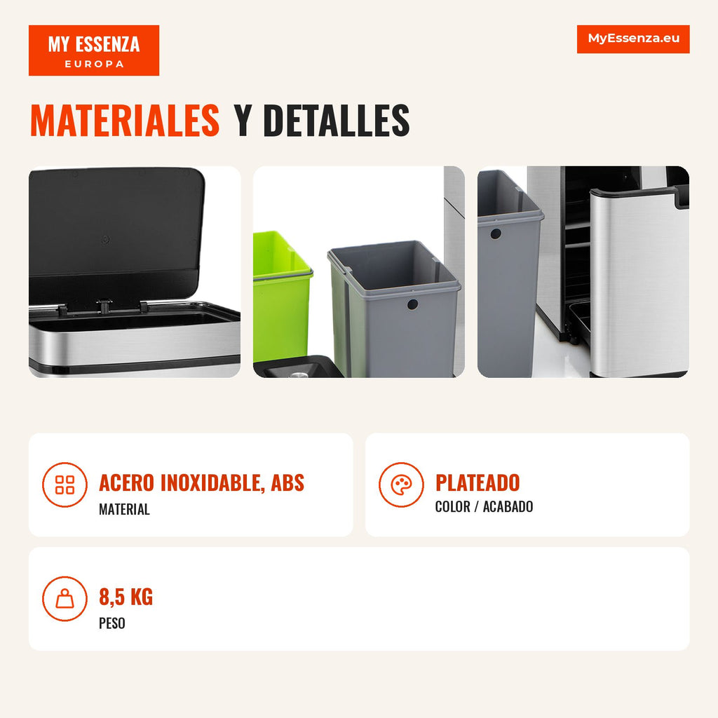 Poubelle en acier inoxydable avec capteur de mouvement 72 L argenté — Infografia ES (materiais e detalhes)