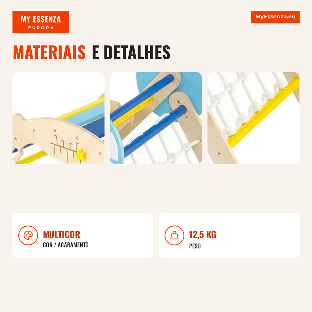 Foldable Triangular Climbing Set with Slide and Rope Ladder – Montessori Toy — Infografia PT (materiais e detalhes)