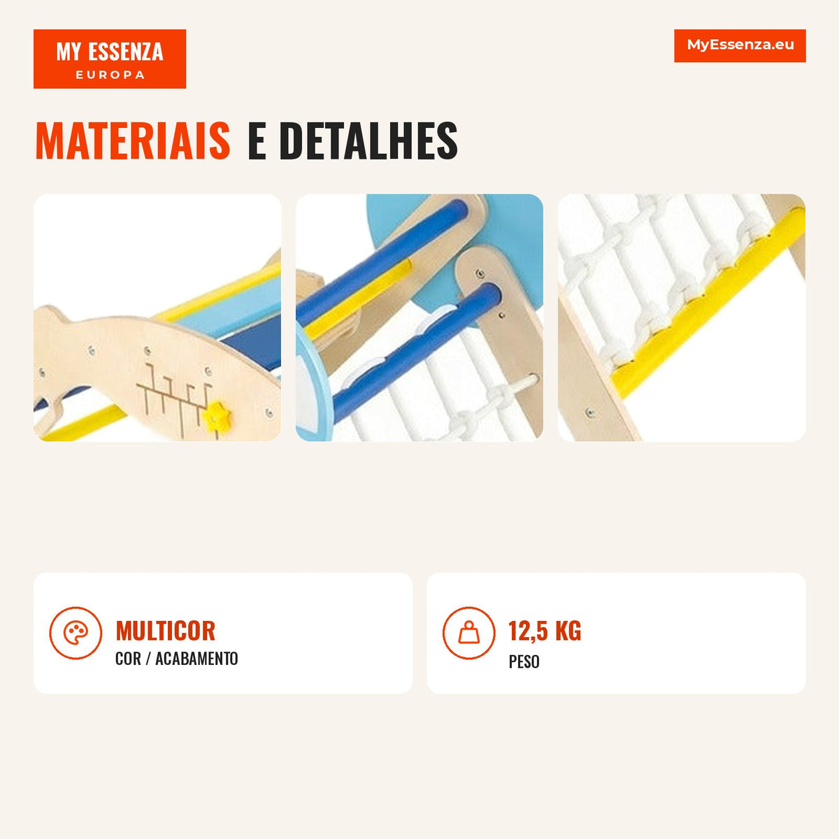 Foldable Triangular Climbing Set with Slide and Rope Ladder – Montessori Toy — Infografia PT (materiais e detalhes)