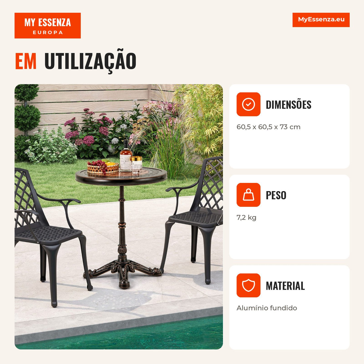 Mesa de Jantar Redonda para Exterior com Textura Gravada e Superfície Pintada 60,5 x 60,5 x 73 cm Bronze — Infografia PT (em utilização)