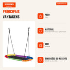 Baloiço Disco 150cm com Luzes LED, Cordas Ajustáveis e Estrutura Aço para Crianças e Adultos Multicolor — Infografia PT (vantagens)
