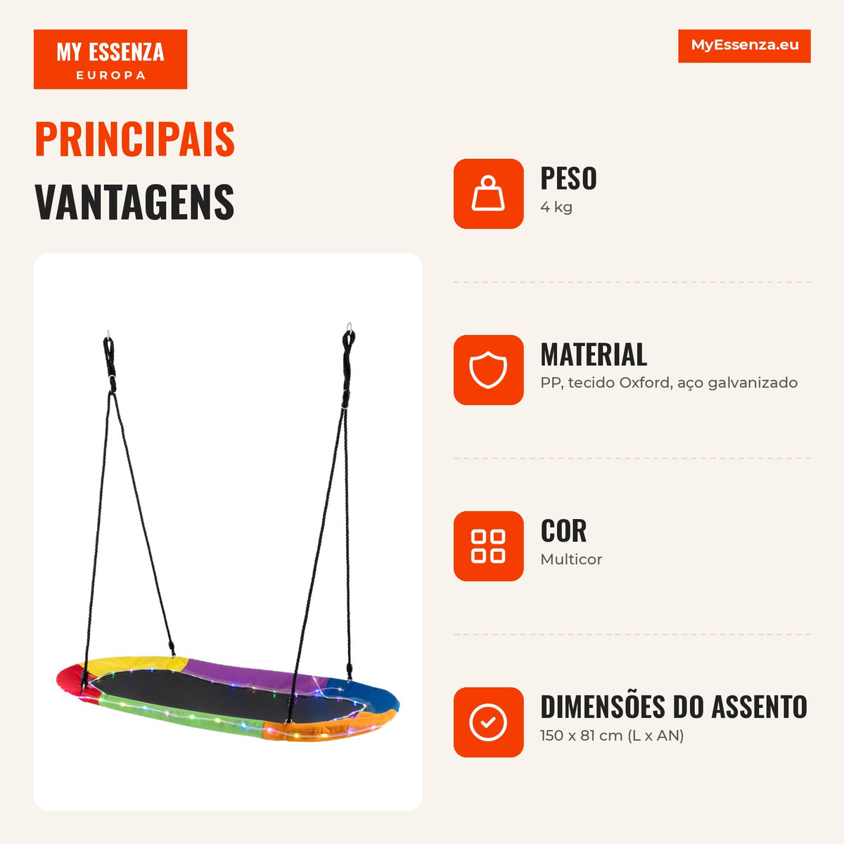Baloiço Disco 150cm com Luzes LED, Cordas Ajustáveis e Estrutura Aço para Crianças e Adultos Multicolor — Infografia PT (vantagens)