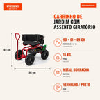 Chariot de jardin avec siège pivotant 360° et hauteur réglable, capacité 150 kg, rouge — Infografia PT (medidas)
