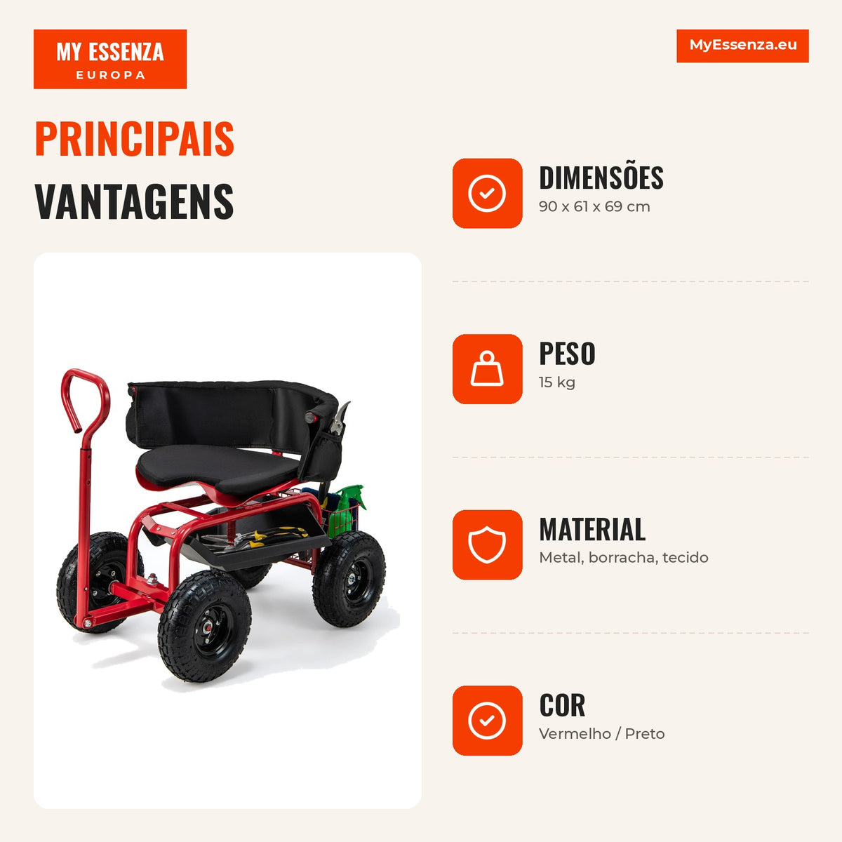 Chariot de jardin avec siège pivotant 360° et hauteur réglable, capacité 150 kg, rouge — Infografia PT (vantagens)