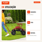 Chariot de jardin avec siège pivotant 360° et hauteur réglable, capacité 150 kg, rouge — Infografia PT (em utilização)