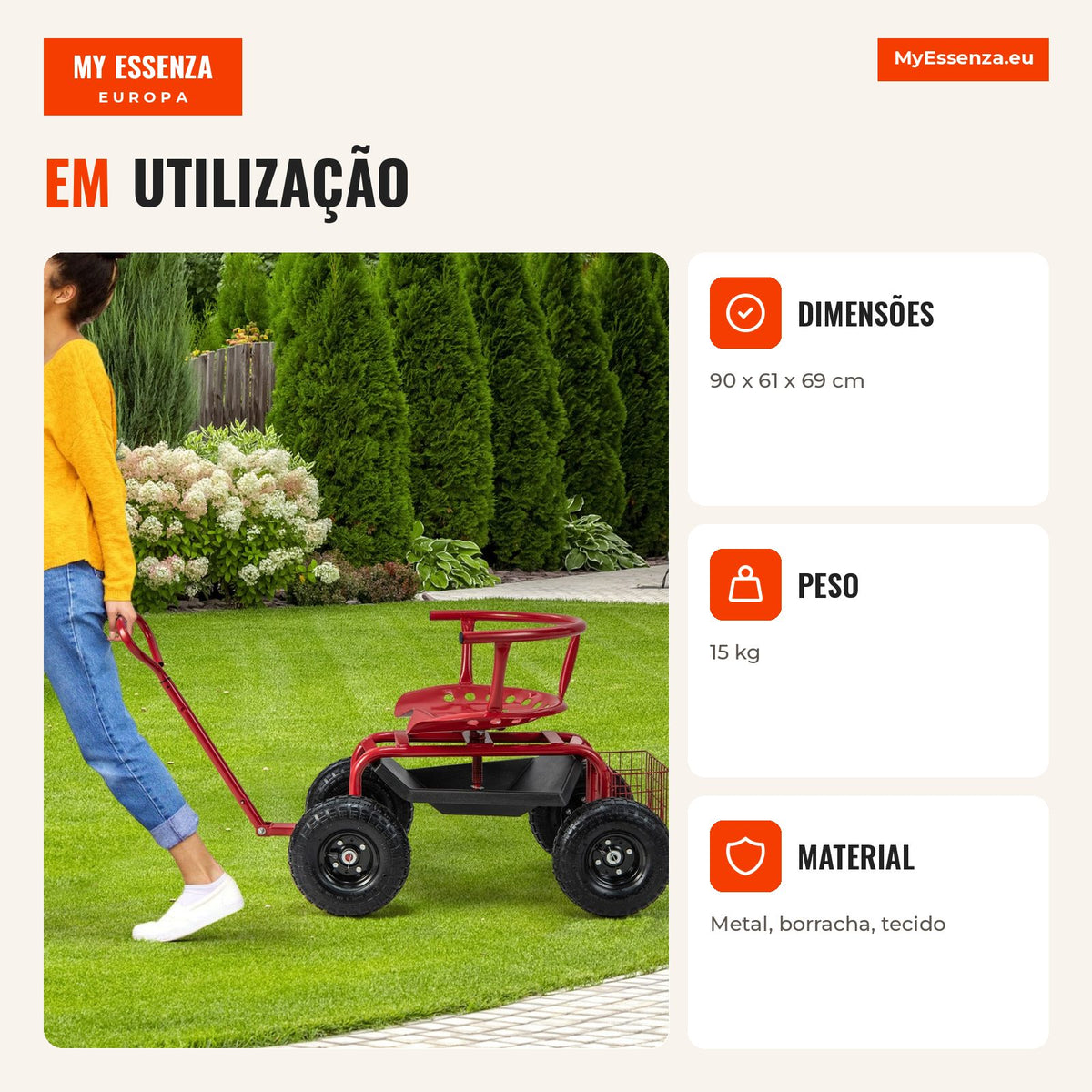 Chariot de jardin avec siège pivotant 360° et hauteur réglable, capacité 150 kg, rouge — Infografia PT (em utilização)