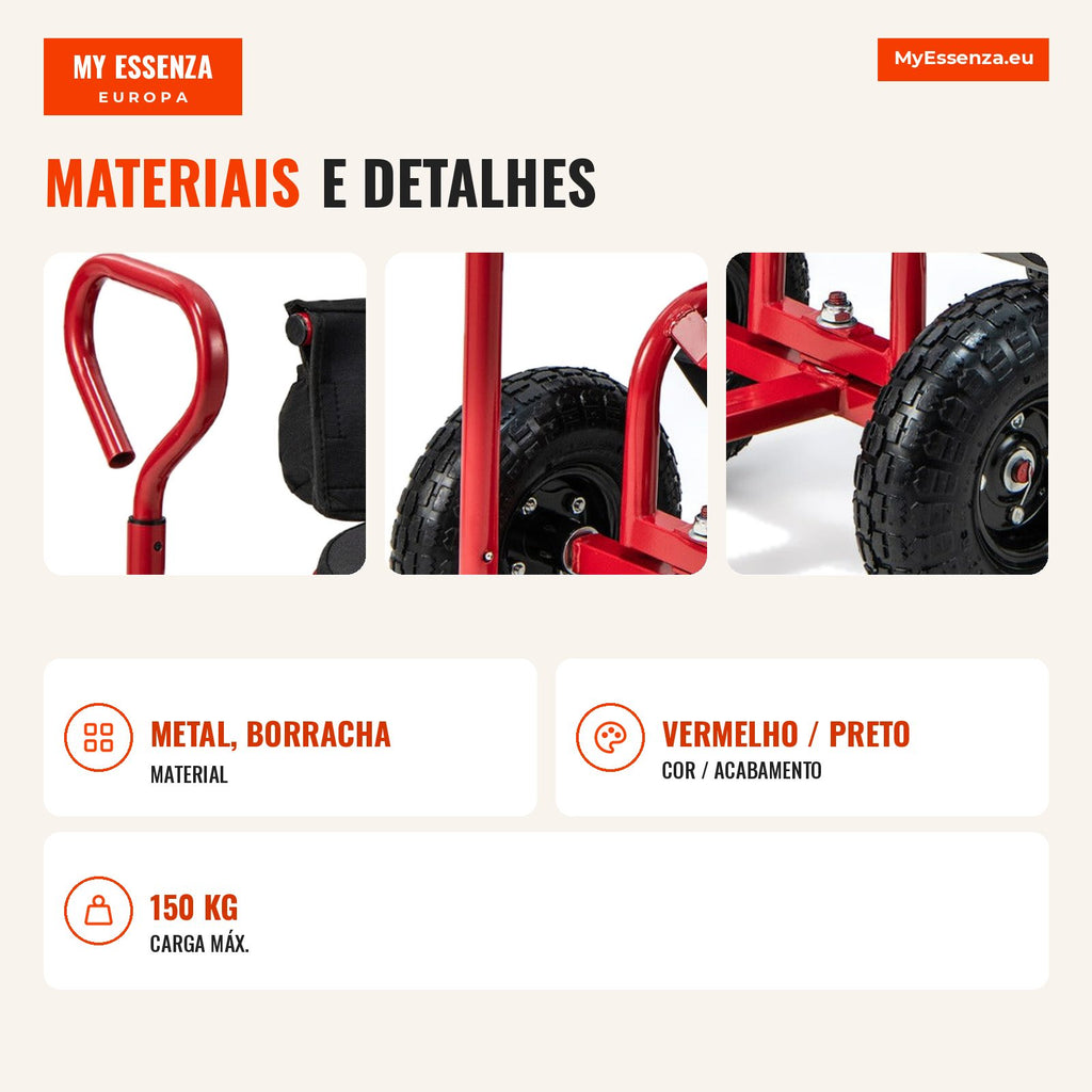 Chariot de jardin avec siège pivotant 360° et hauteur réglable, capacité 150 kg, rouge — Infografia PT (materiais e detalhes)