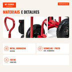 Chariot de jardin avec siège pivotant 360° et hauteur réglable, capacité 150 kg, rouge — Infografia PT (materiais e detalhes)
