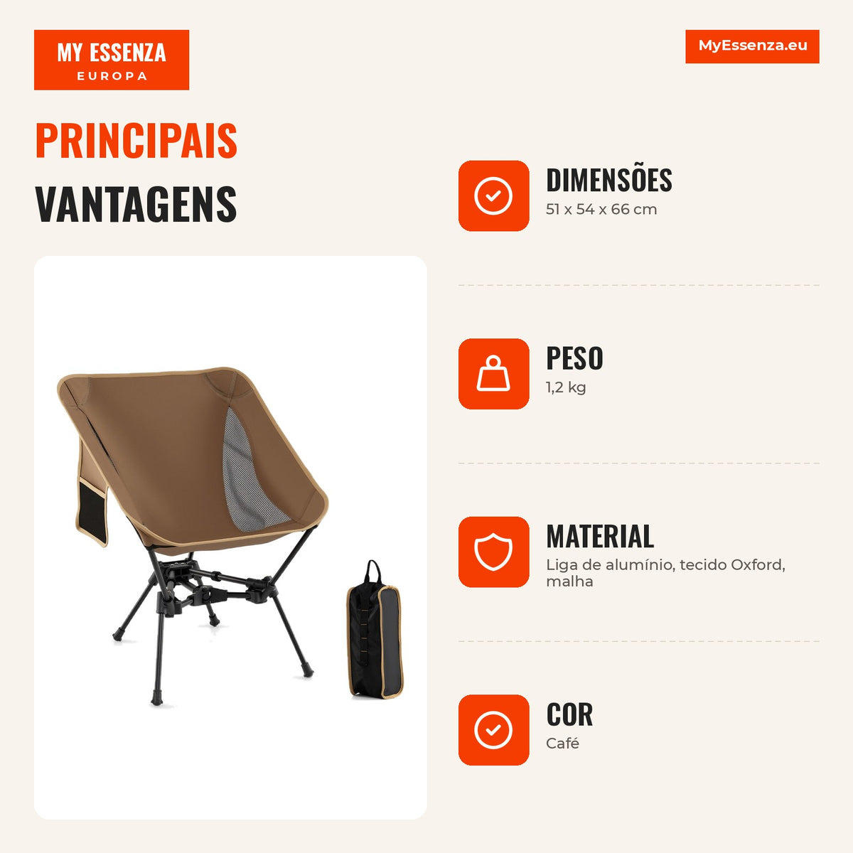 Folding Camping Chair Double Triangle Base 150kg with Carry Bag Brown 51x54x66cm — Infografia PT (vantagens)