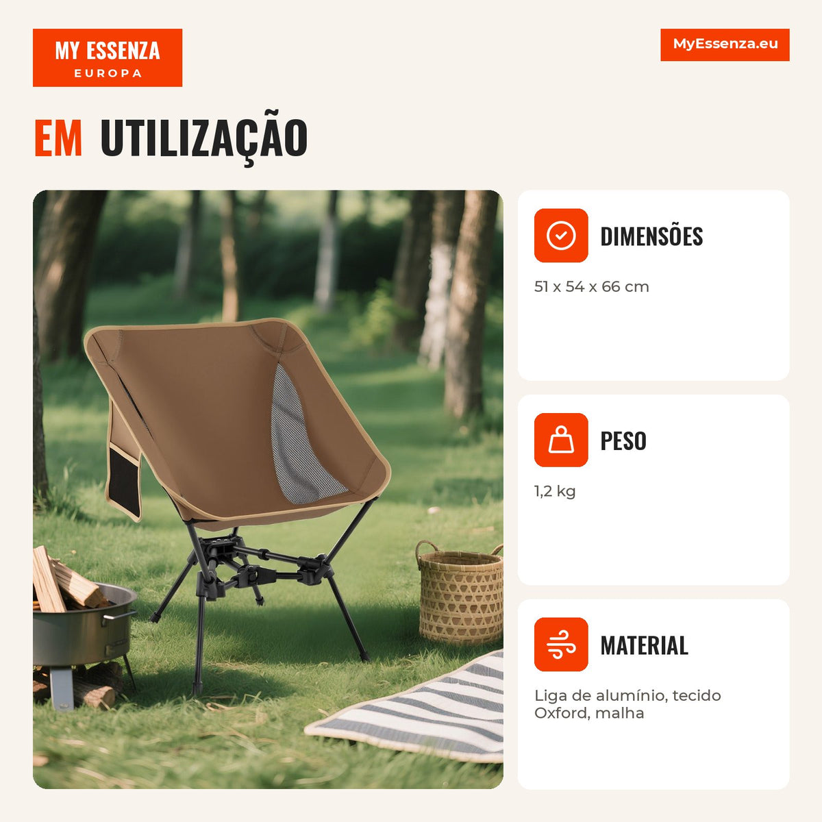 Folding Camping Chair Double Triangle Base 150kg with Carry Bag Brown 51x54x66cm — Infografia PT (em utilização)