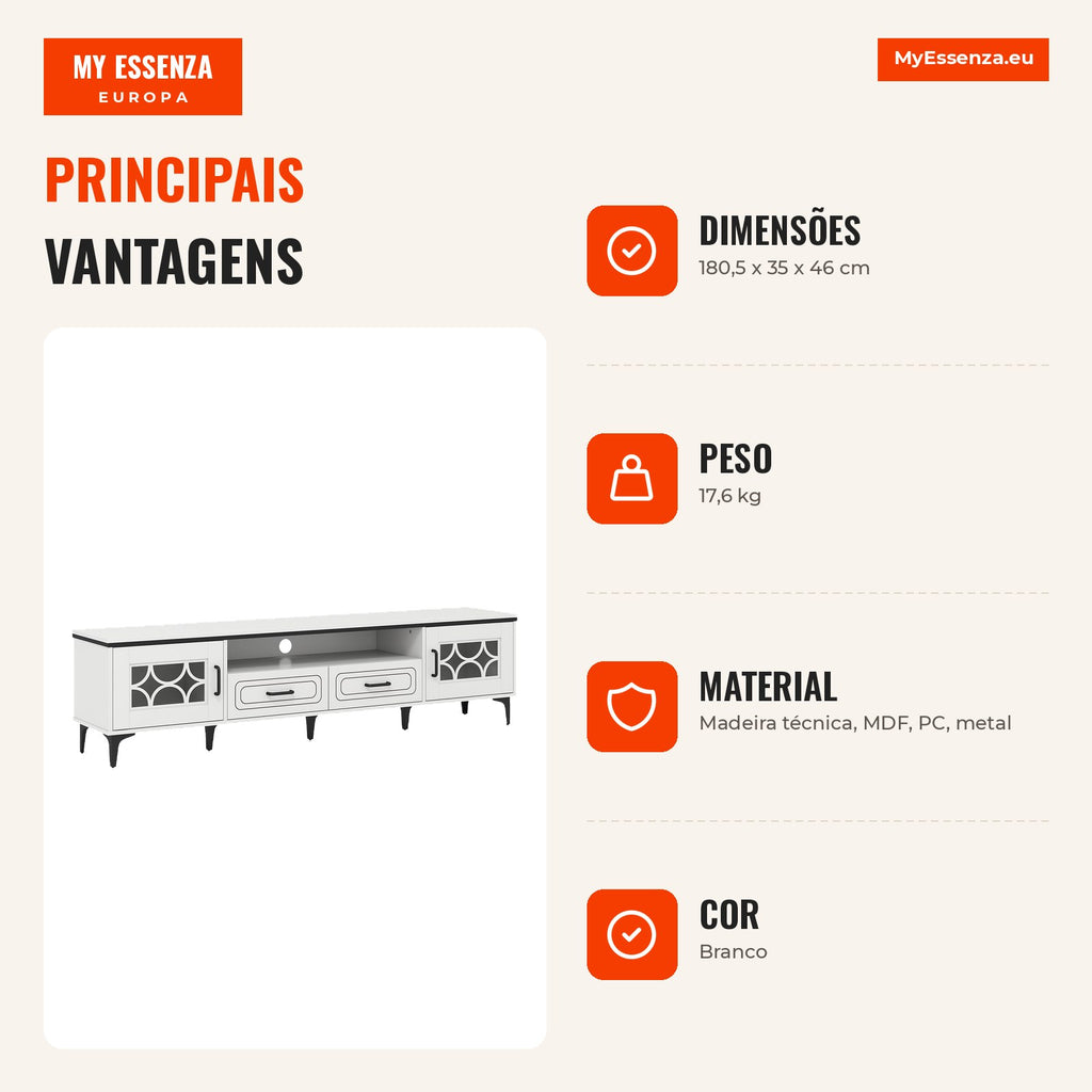 TV unit for up to 80 inches with 2 drawers, 2 compartments with door and shelf 180.5 x 35 x 46 cm white — Infografia PT (vantagens)