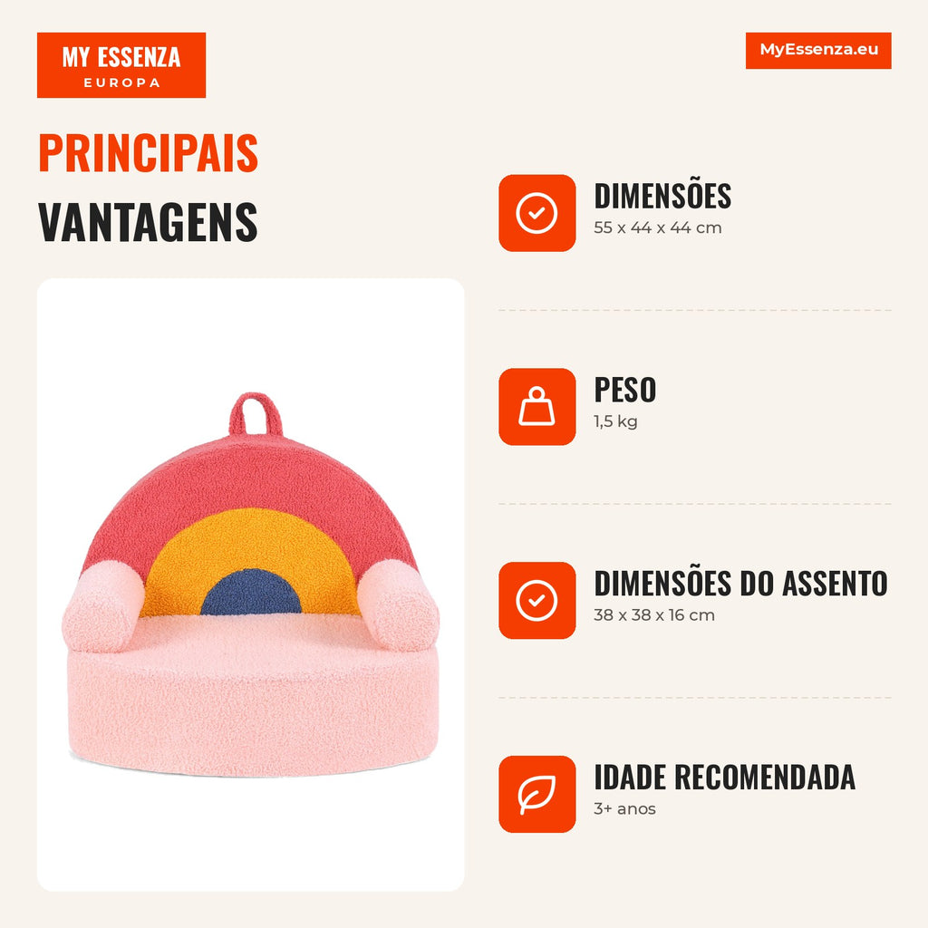 Kids’ Sofa with Foam and Rainbow Plush Fabric for Children from 3 Years — Infografia PT (vantagens)