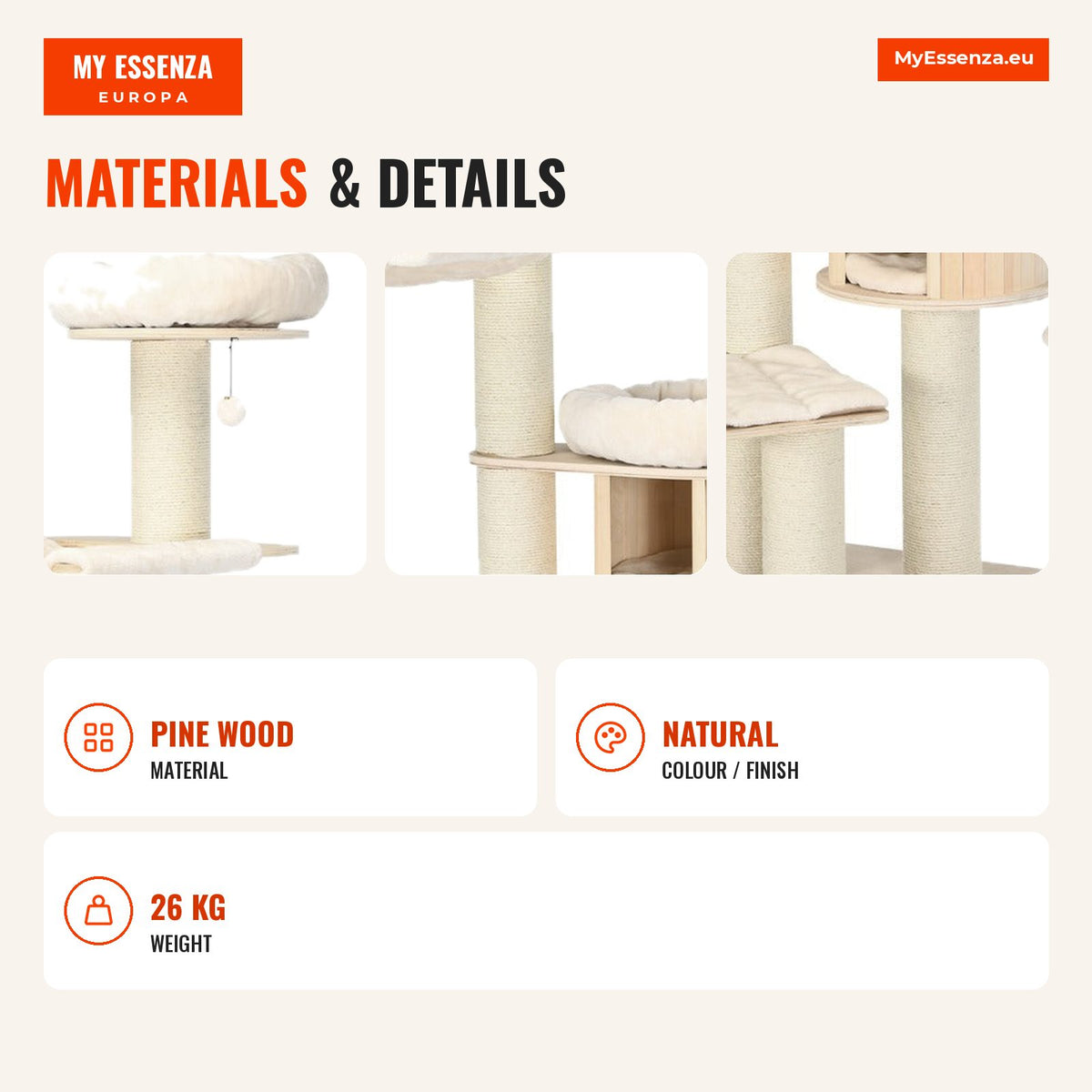 Árvore para Gatos 174cm com 4 Postes Arranhadores Sisal e Plataformas Felpa Centro Atividades — Infografia EN (materiais e detalhes)