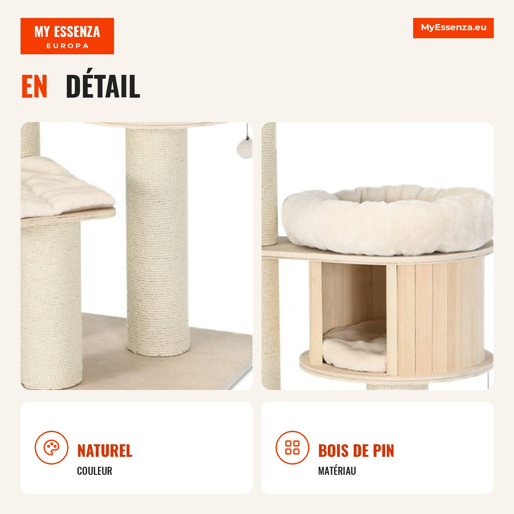 Árvore para Gatos 174cm com 4 Postes Arranhadores Sisal e Plataformas Felpa Centro Atividades — Infografia FR (detalhe)