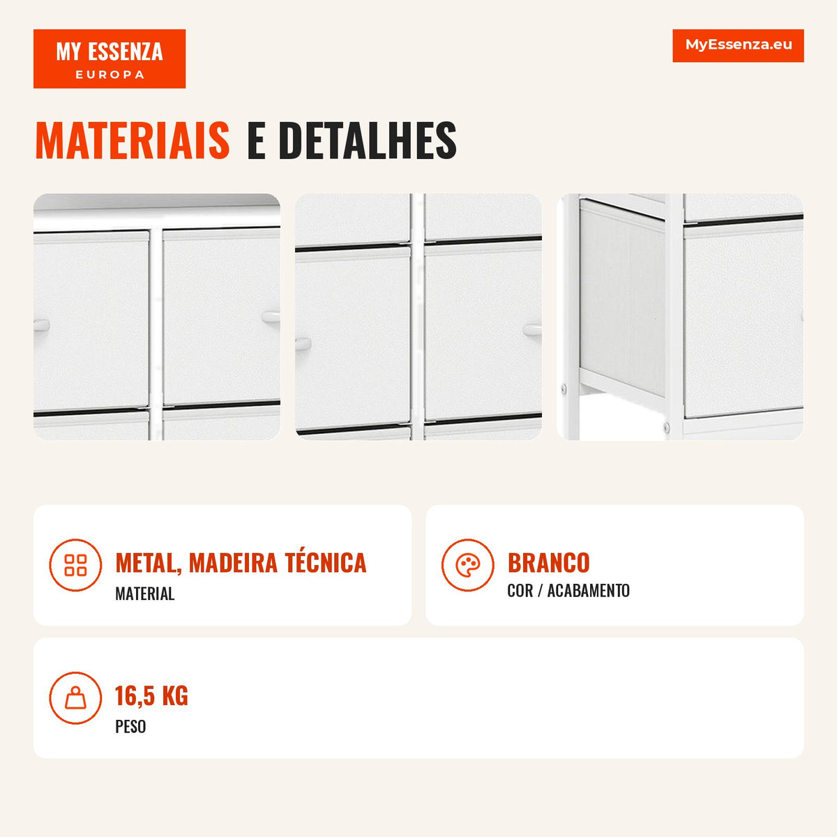 Chest of Drawers with RGB LED Lights, Charging Station and 9 Foldable Drawers for TV up to 58" — Infografia PT (materiais e detalhes)