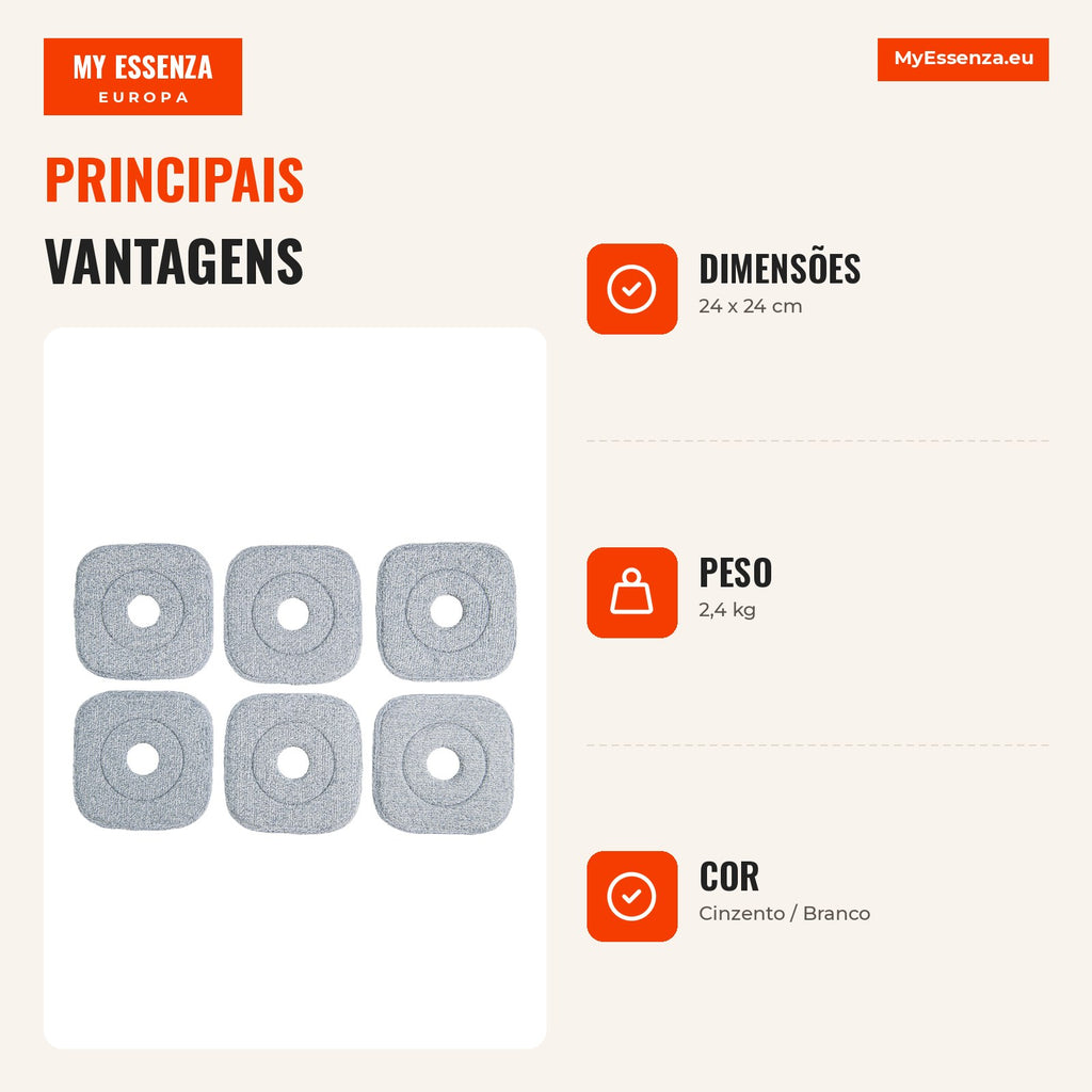 Jogo de 6 Cabeças de Mopa de Microfibra de Reposição Cinzento e Branco — Infografia PT (vantagens)
