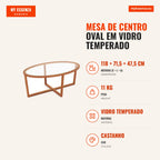 Mesa de Centro Oval em Vidro Temperado com Base de Madeira Acácia - Design Moderno para Sala 118x71cm — Infografia PT (medidas)