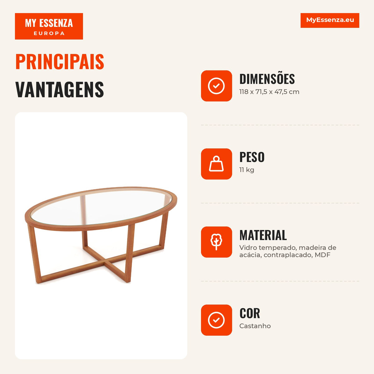 Mesa de Centro Oval em Vidro Temperado com Base de Madeira Acácia - Design Moderno para Sala 118x71cm — Infografia PT (vantagens)