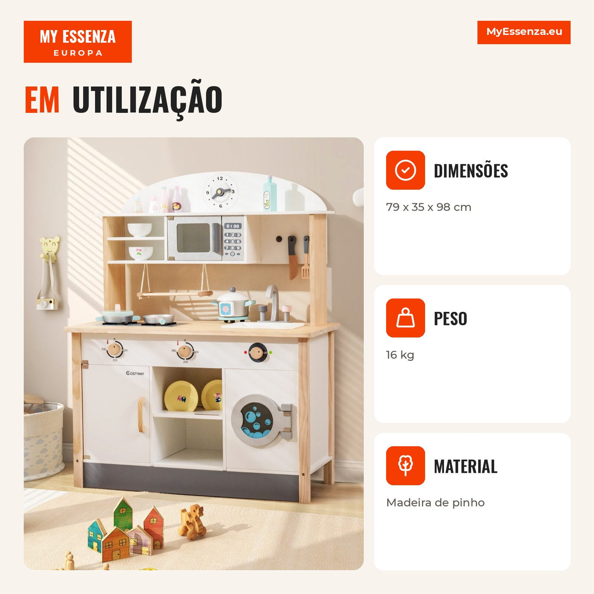 Wooden Kids' Play Kitchen 3+ Years with Microwave Washing Machine 79x35x98cm White — Infografia PT (em utilização)