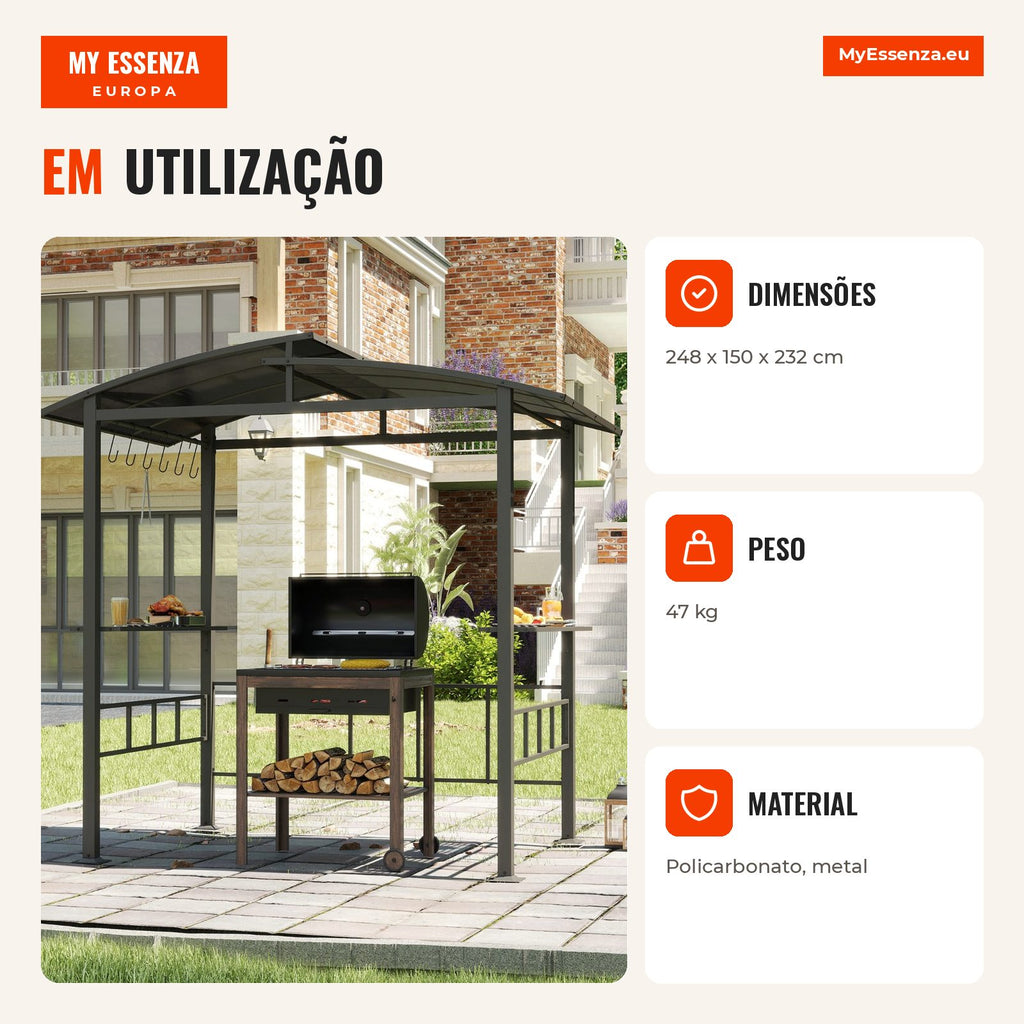 Gazebo de Barbecue avec Toit Rigide en Polycarbonate 248 x 150 cm Noir — Infografia PT (em utilização)