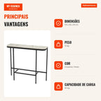 Mesa Consola Moderna com Tampo em Mármore Artificial e Estrutura Metálica Cinzenta — Infografia PT (vantagens)