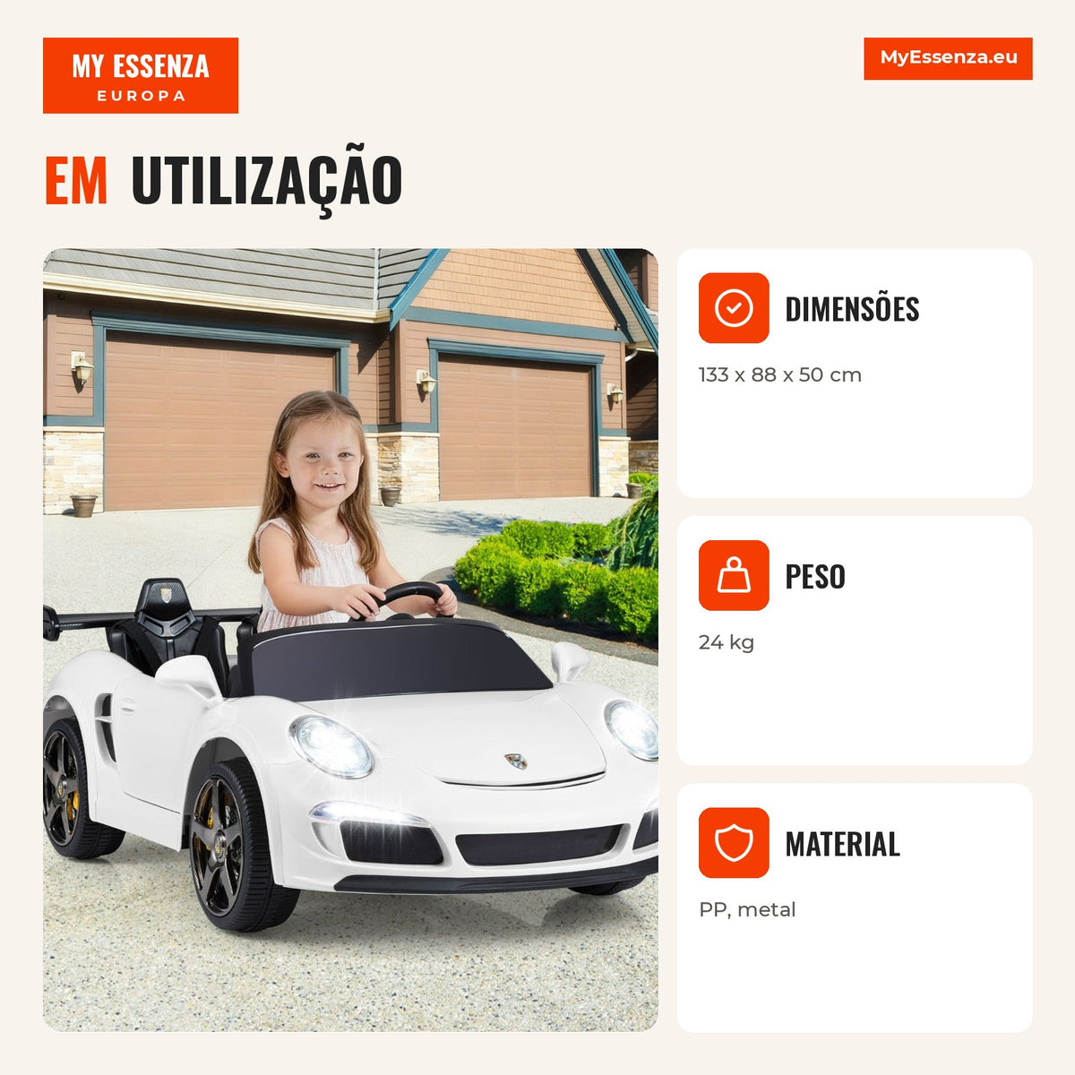 Carro Elétrico 24V com Controlo Remoto e 2 Lugares para Crianças 4x4 com LEDs e Música Branco — Infografia PT (em utilização)