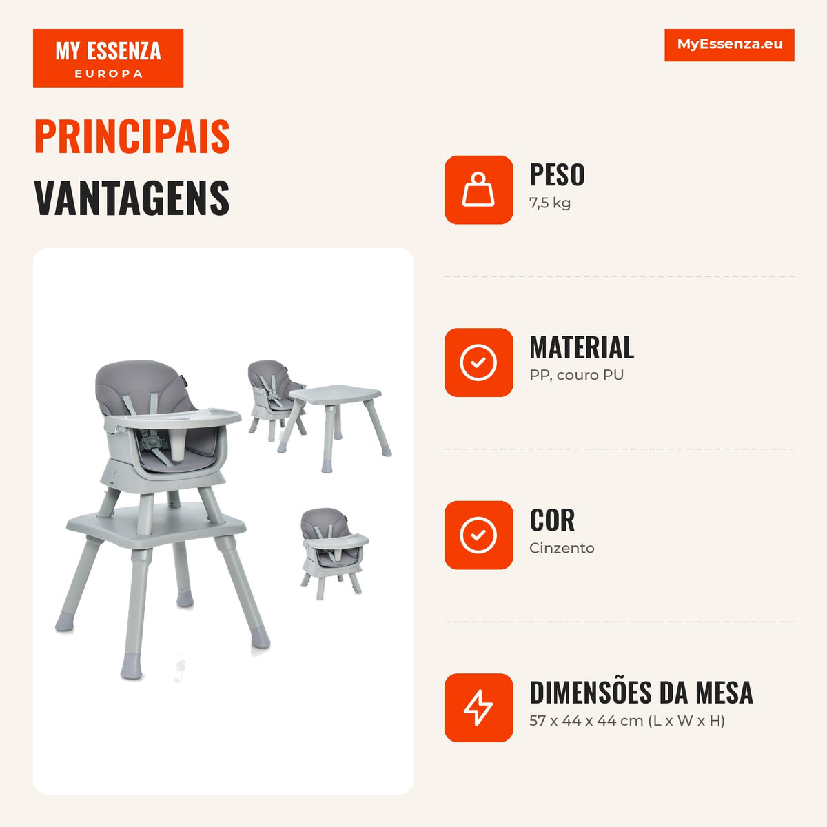 Cadeira Alta Conversível 6 em 1 para Bebé com Bandeja e Almofada Desmontáveis 58x58x98 cm — Infografia PT (vantagens)