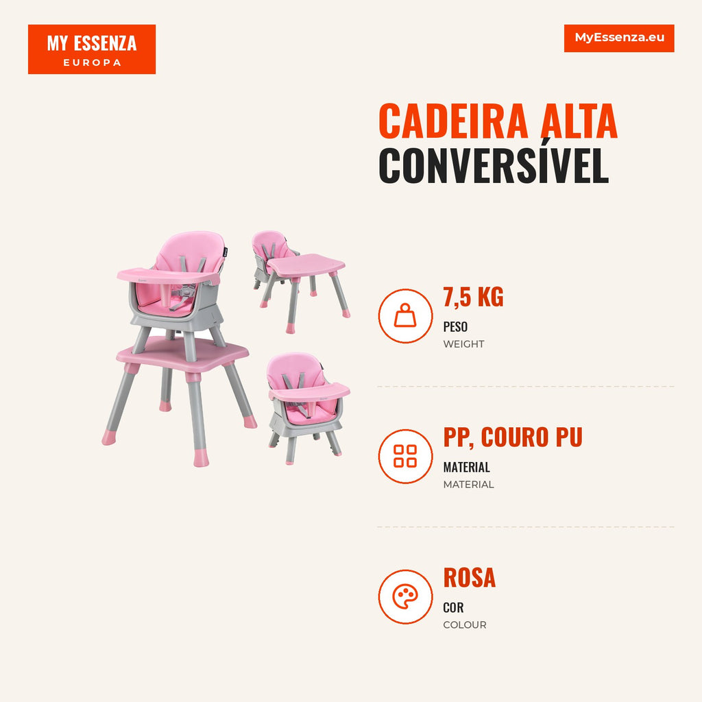 6-in-1 Convertible High Chair for Baby with Removable Tray and Cushion 58x58x98 cm — Infografia PT (medidas)