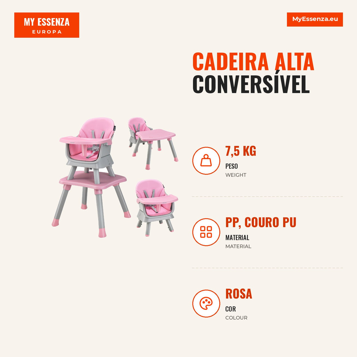 6-in-1 Convertible High Chair for Baby with Removable Tray and Cushion 58x58x98 cm — Infografia PT (medidas)