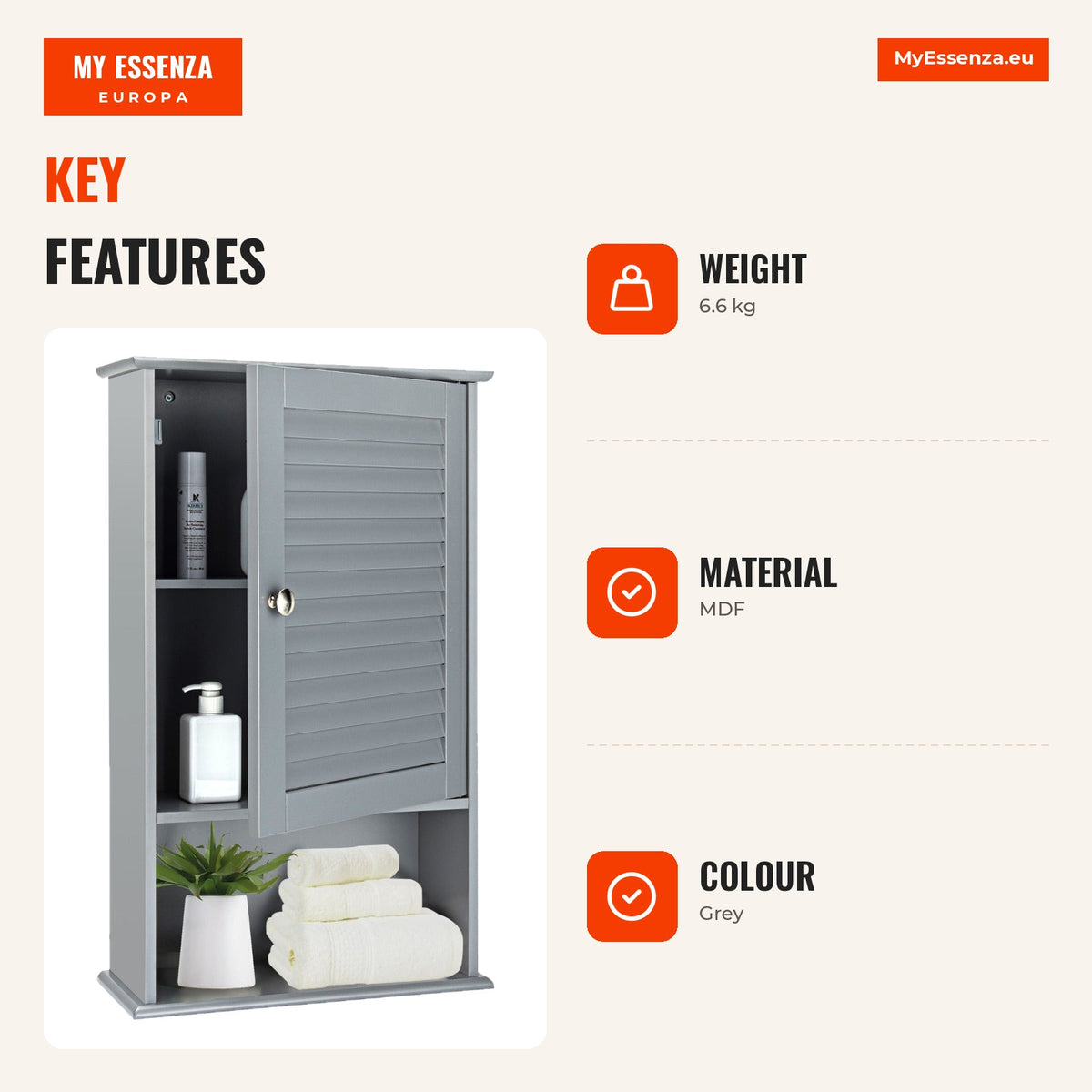 Armario de Baño de Pared con 3 Estantes de Almacenamiento y Puerta Mueble Baño con Estante Ajustable 42 x 16,5 x 70 cm — Infografia EN (vantagens)