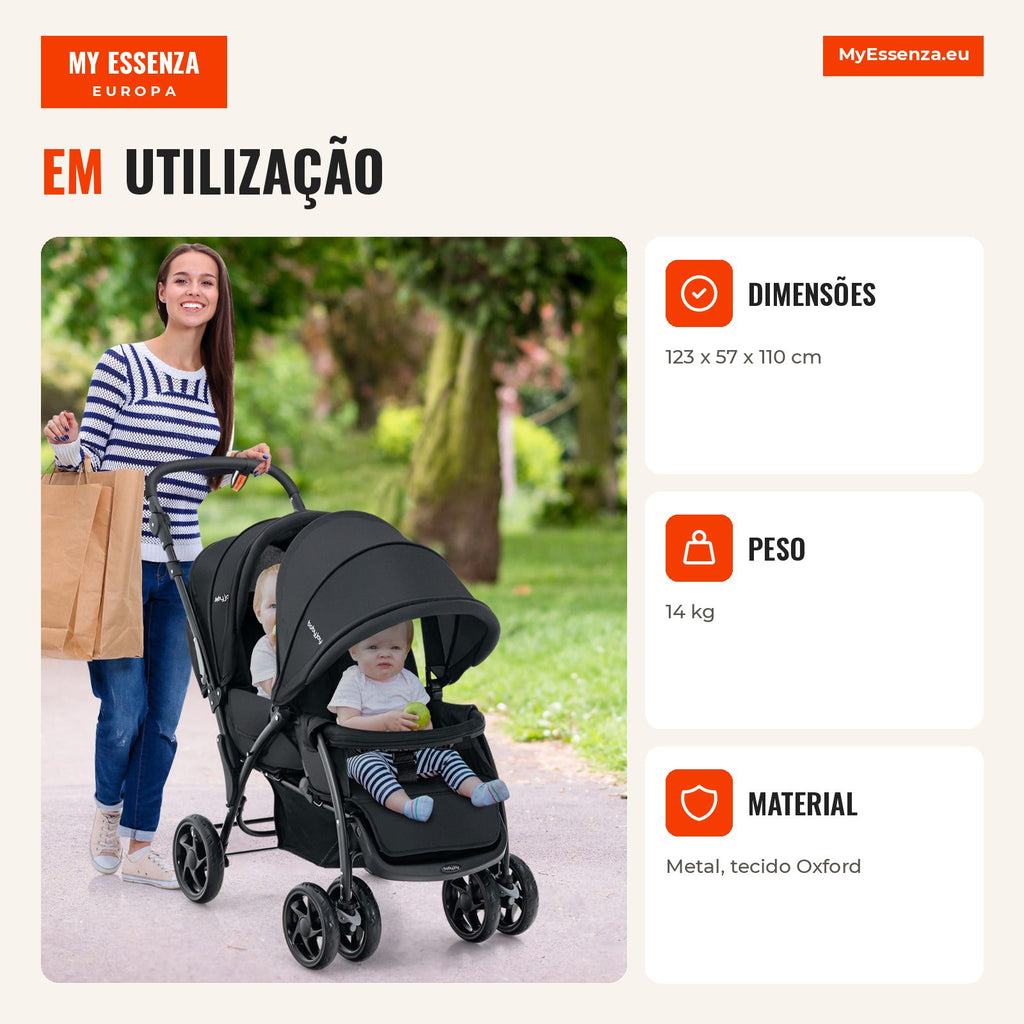 Carrinho de Bebé Duplo Dobrável com Assentos, Dossel e Arnês de 5 Pontos — Infografia PT (em utilização)