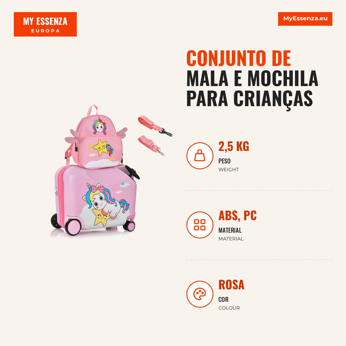 Ensemble Valise et Sac à Dos Enfant avec Roues et Poignée Télescopique – Rose — Infografia PT (medidas)