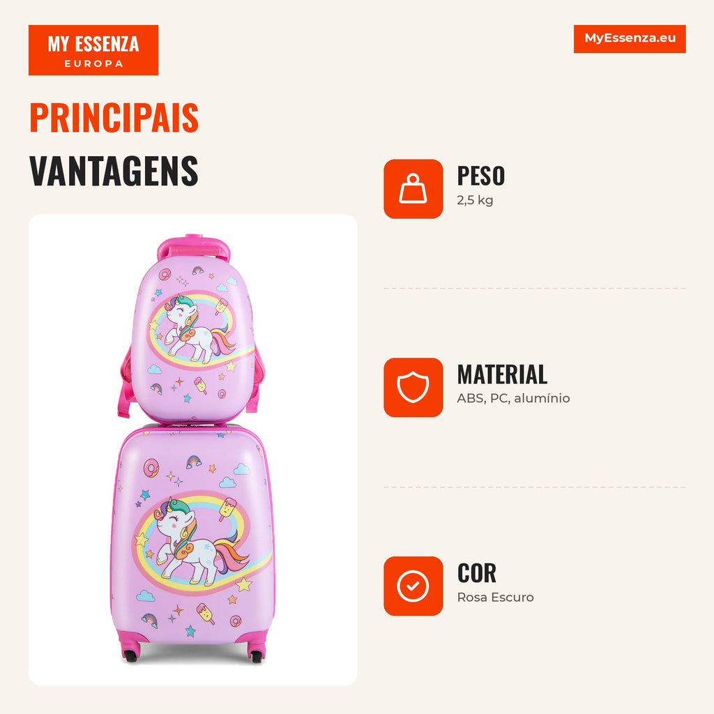 Conjunto de 2 Bagagens de Mão Infantis com Mala Rígida e Mochila – Rosa Escuro — Infografia PT (vantagens)