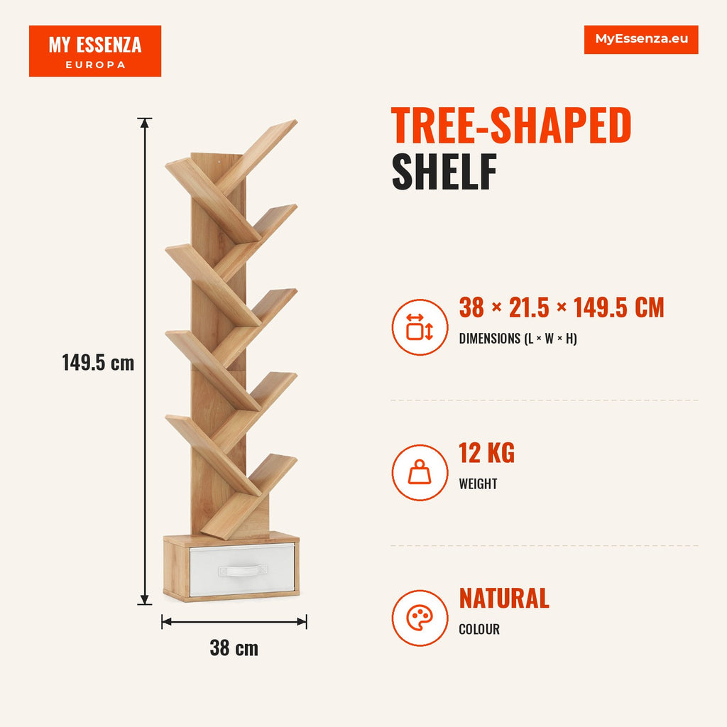 Tree-Shaped Shelf with 10 Shelves and Fabric Drawer for Books and Items – Natural — Infografia EN (medidas)