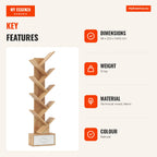 Tree-Shaped Shelf with 10 Shelves and Fabric Drawer for Books and Items – Natural — Infografia EN (vantagens)