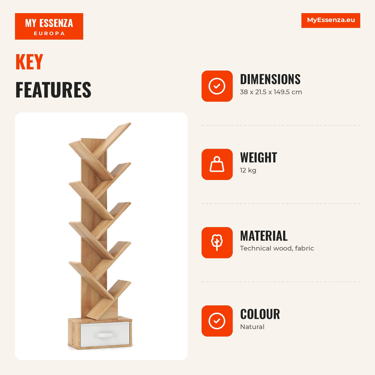 Tree-Shaped Shelf with 10 Shelves and Fabric Drawer for Books and Items – Natural — Infografia EN (vantagens)