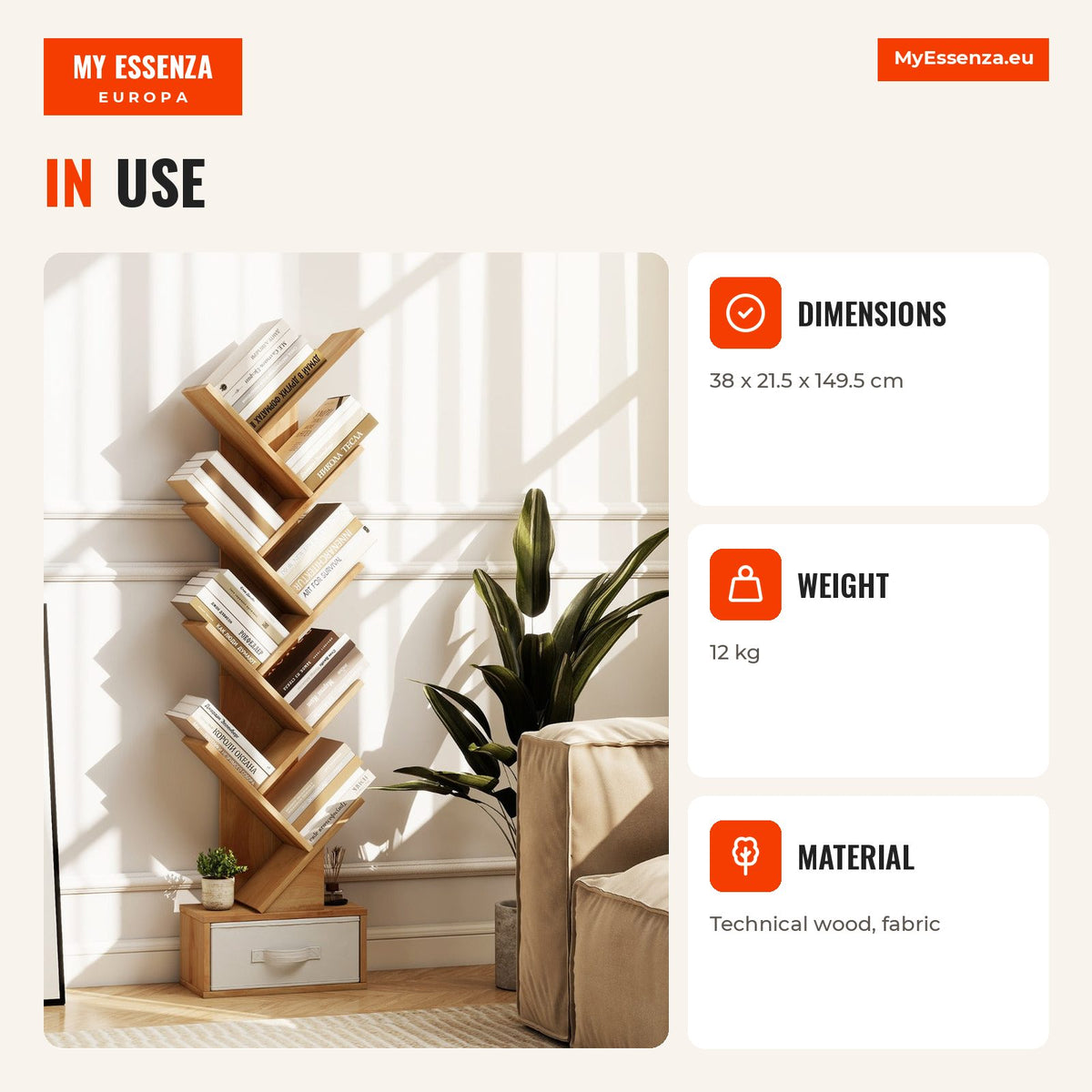 Tree-Shaped Shelf with 10 Shelves and Fabric Drawer for Books and Items – Natural — Infografia EN (em utilização)