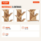 Tree-Shaped Shelf with 10 Shelves and Fabric Drawer for Books and Items – Natural — Infografia EN (materiais e detalhes)