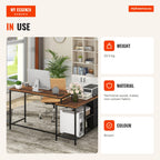 Convertible L-Shaped Computer Desk with Built-in Socket, 3 Fabric Drawers, Metal Shelves — Infografia EN (em utilização)