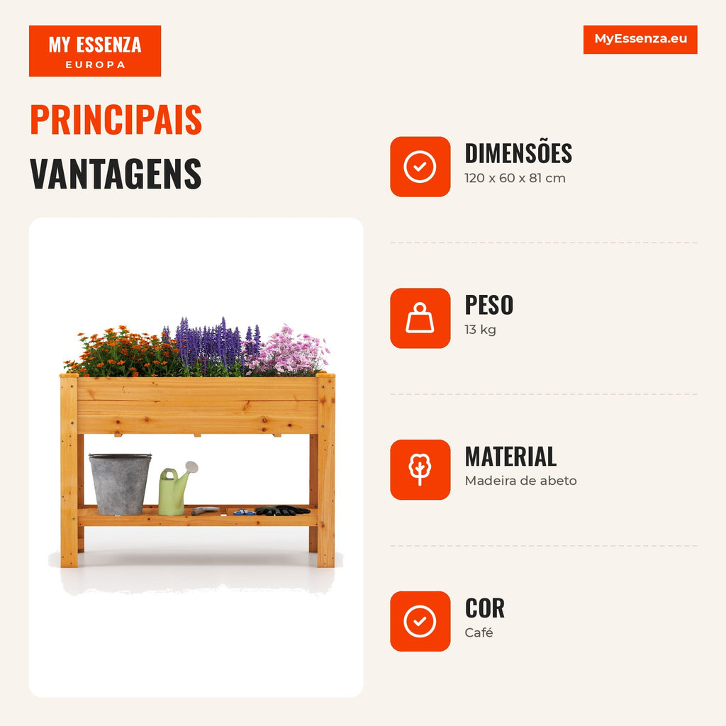 Cama de Jardim Elevada em Madeira 120x60x80 cm com Estante e Drenagem — Infografia PT (vantagens)