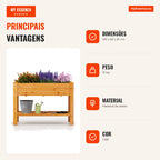 Cama de Jardim Elevada em Madeira 120x60x80 cm com Estante e Drenagem — Infografia PT (vantagens)