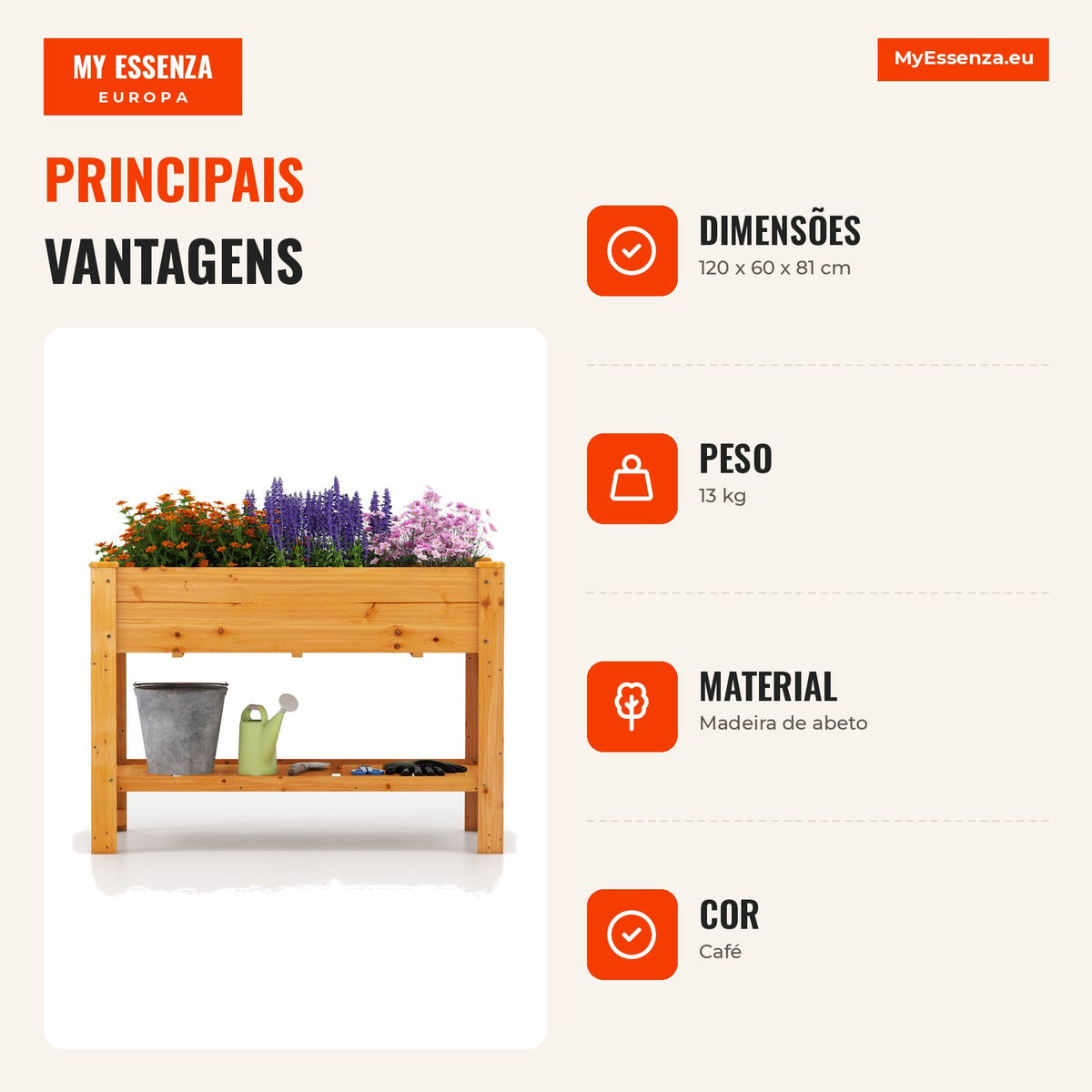 Cama de Jardim Elevada em Madeira 120x60x80 cm com Estante e Drenagem — Infografia PT (vantagens)