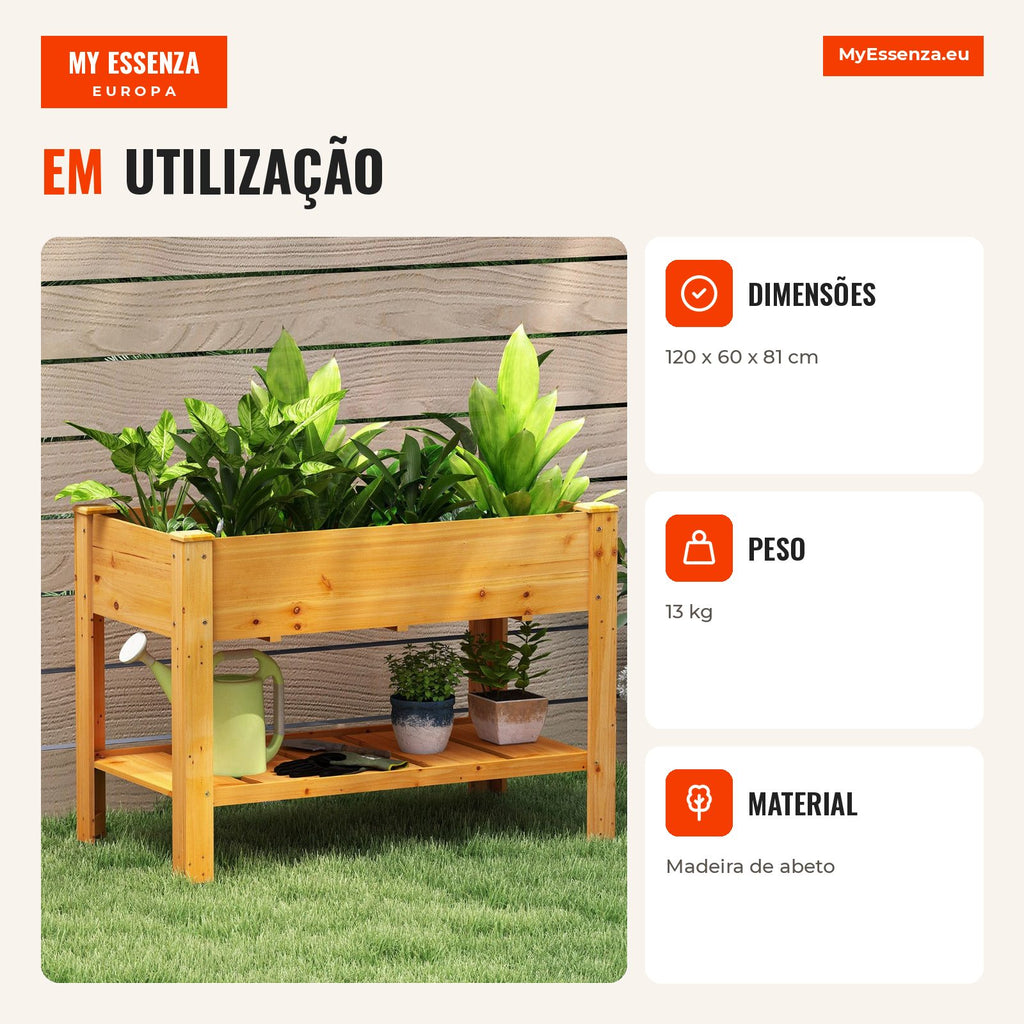 Cama de Jardim Elevada em Madeira 120x60x80 cm com Estante e Drenagem — Infografia PT (em utilização)