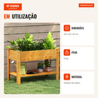 Cama de Jardim Elevada em Madeira 120x60x80 cm com Estante e Drenagem — Infografia PT (em utilização)