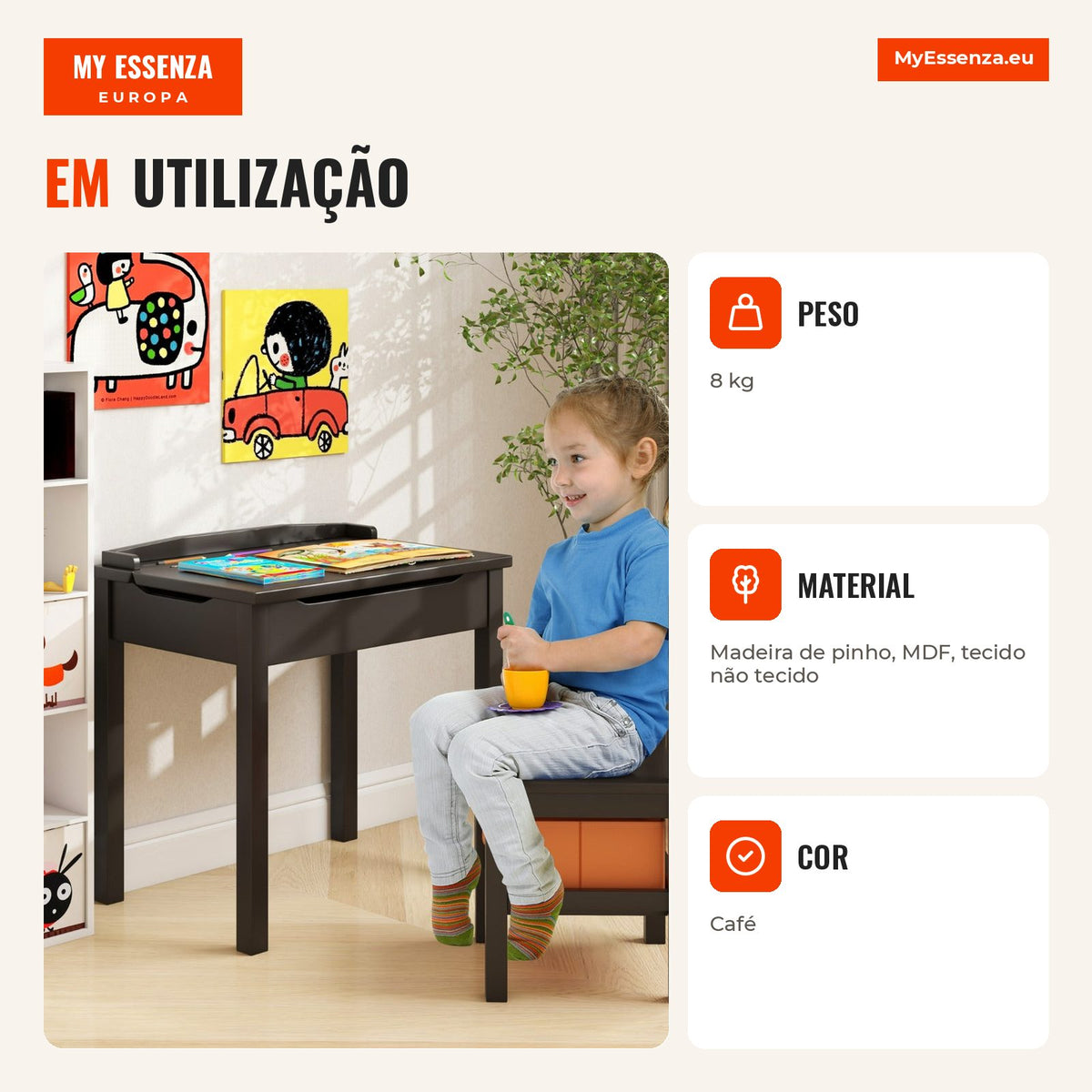 Conjunto de Mesa e Cadeira para Crianças com Secretária e Armazenamento – Café — Infografia PT (em utilização)