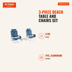 Juego de 3 Piezas Mesa y Sillas de Playa con Sillas Reclinables Mesa Aluminio Plegable Mochila 5 Posiciones — Infografia EN (medidas)