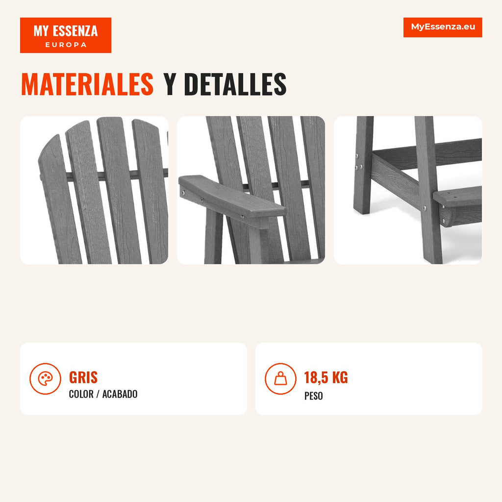 Chaise de Patio en HDPE avec Accoudoirs et Repose-Pieds Adirondack pour Jardin 70×85×119 cm — Infografia ES (materiais e detalhes)