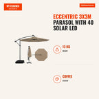 Guarda-sol Excêntrico 3x3m com 40 Luzes LED Solares Base Incluída Toldo Impermeável e Manivela — Infografia EN (medidas)